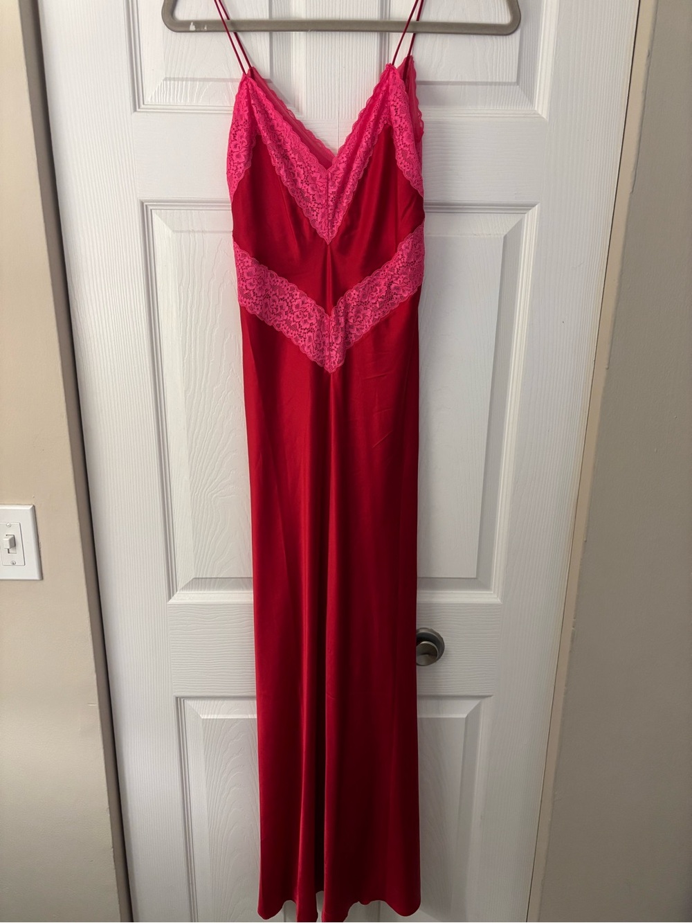 LoveShackFancy Serita-Style Silk Slip Maxi Dress Red Pink Lace S - Picture 3 of 5